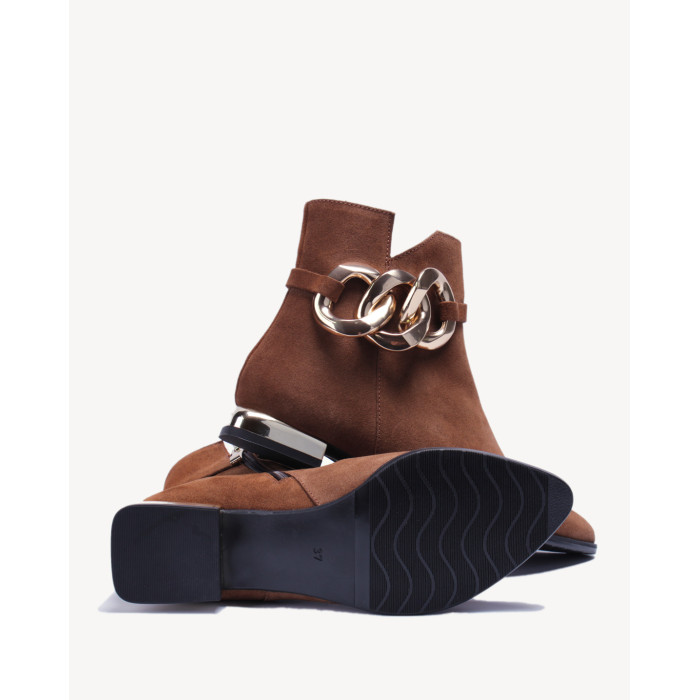 Brązowe botki z łańcuchem skóra welur