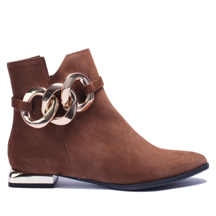 Brązowe botki z łańcuchem skóra welur