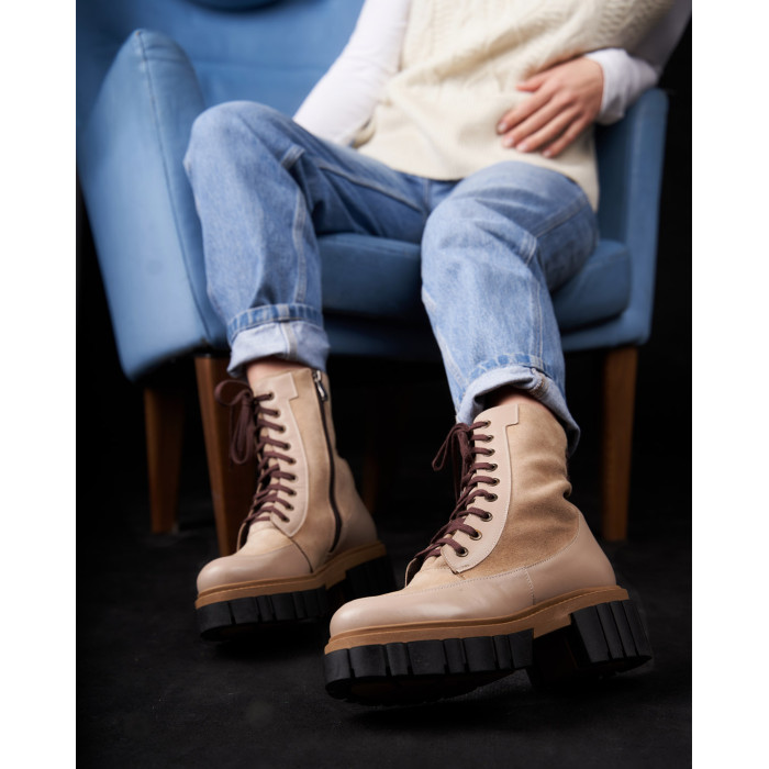 Beżowe botki ocieplane skóra zamszowa