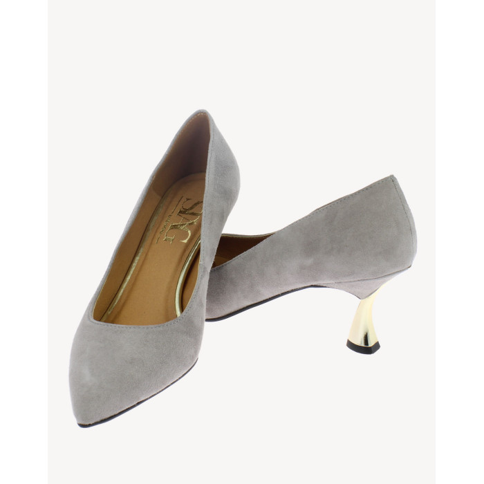 Popielate zamszowe czółenka na złotym obcasie