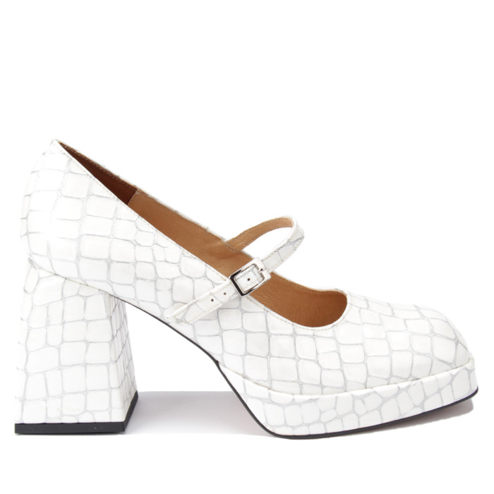 Białe czółenka skórzane na 7cm klocku