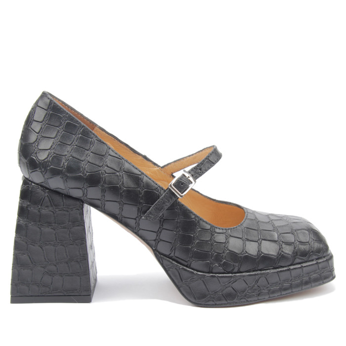 Czarne czółenka skórzane na 7cm klocku