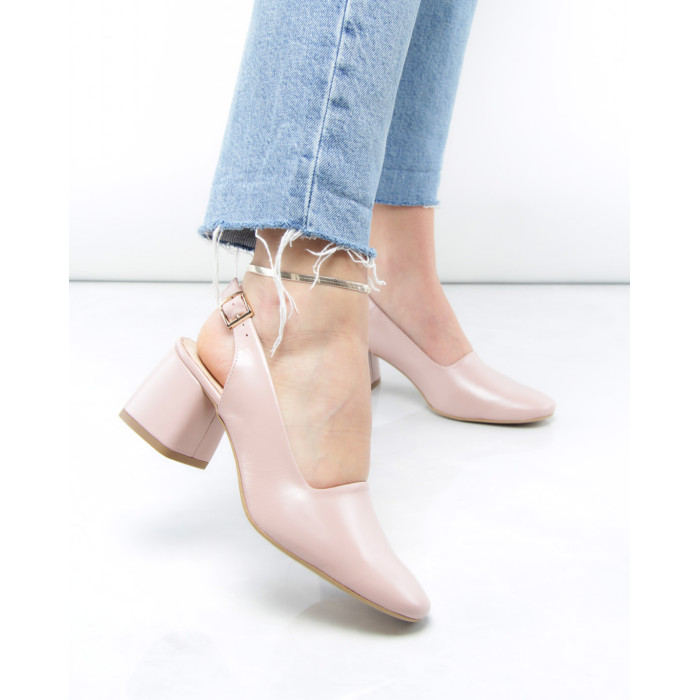 Różowe czółenka z odkrytą piętą na obcasie