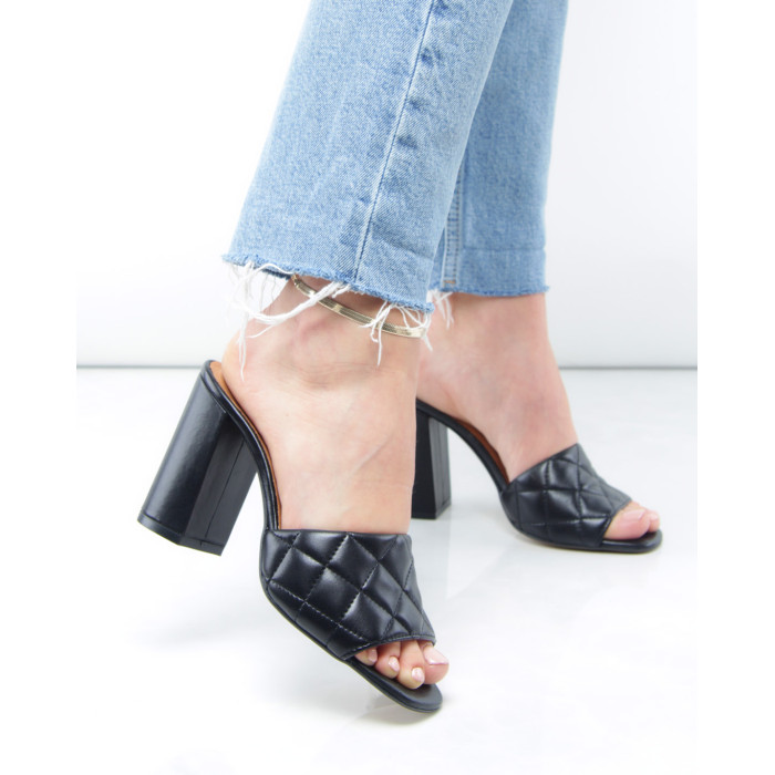 Damskie Czarne Klapki na obcasie 9 cm skóra PL