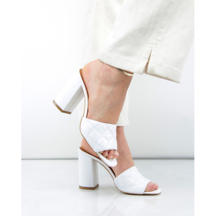 Damskie Białe Klapki na obcasie 9 cm skóra PL