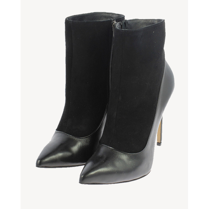 Czarne Botki ocieplane obcas 11 cm skórzane