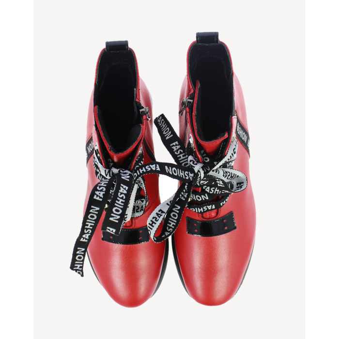 Czerwone Botki ocieplane platforma 4 cm skórz