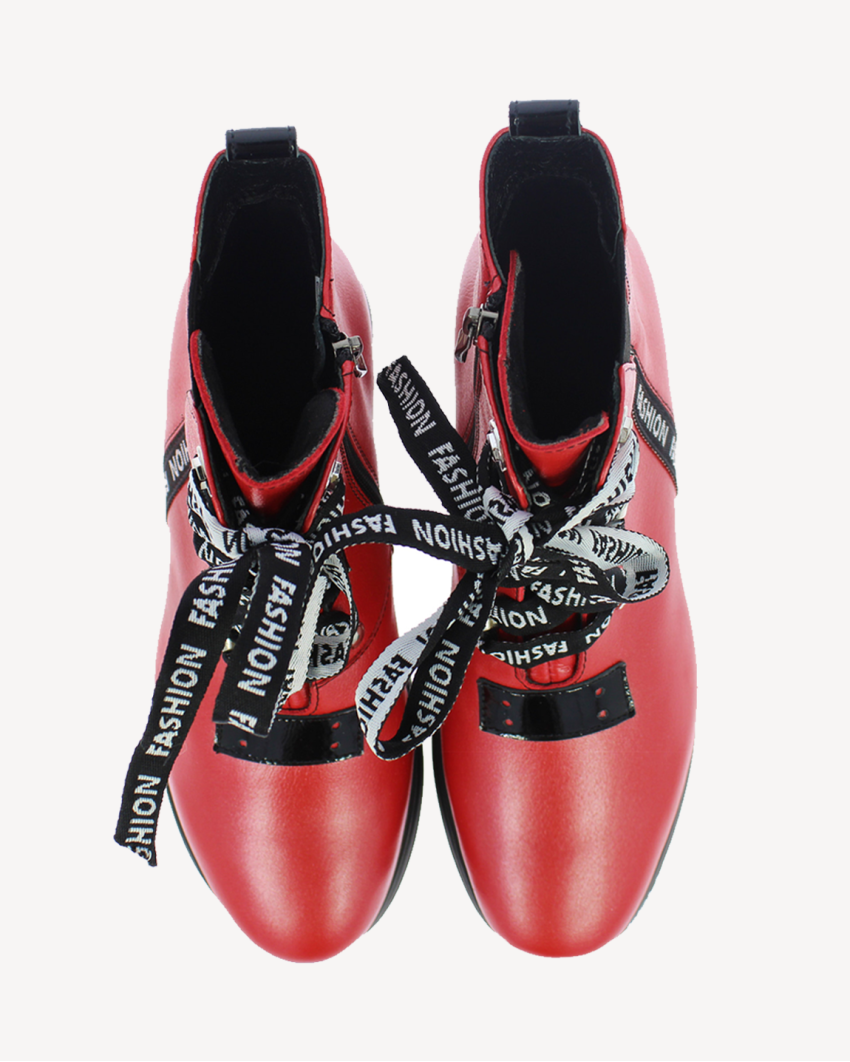 Czerwone Botki ocieplane platforma 4 cm skórz