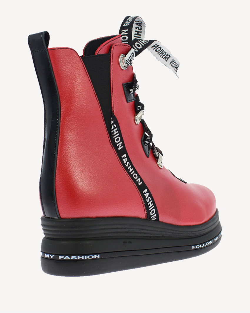 Czerwone Botki ocieplane platforma 4 cm skórz