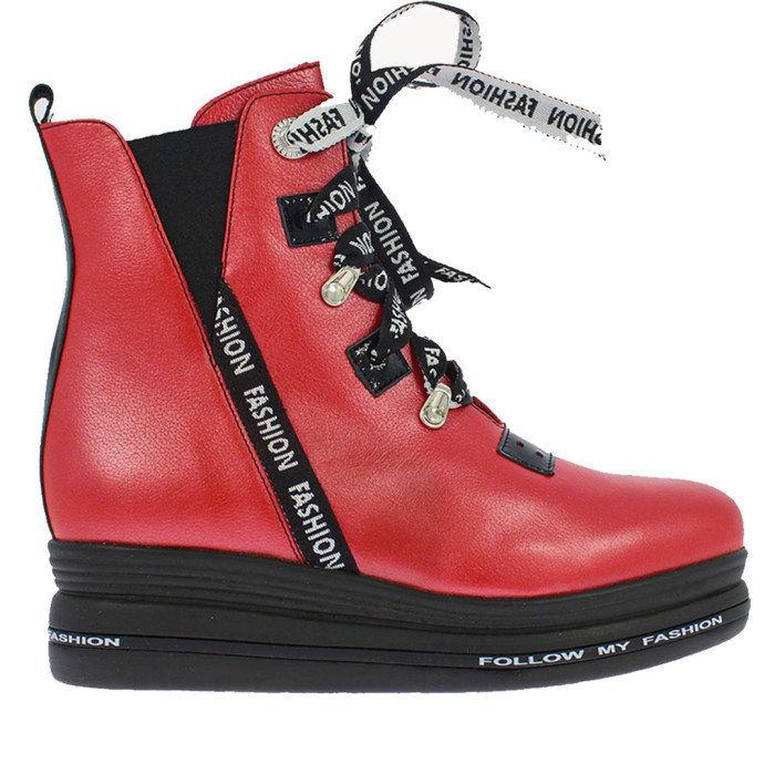 Czerwone Botki ocieplane platforma 4 cm skórz