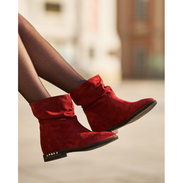 Damskie Bordowe Botki ocieplane skóra zamsz PL