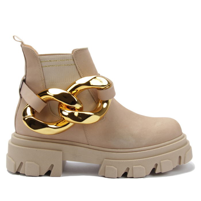 Damskie Beżowe Botki platforma 4cm skóra PL