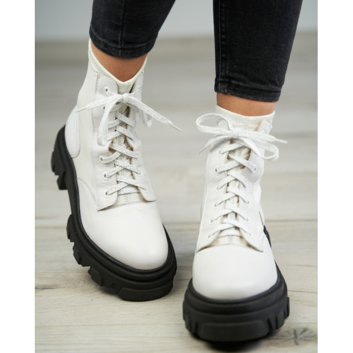 Damskie Białe Botki platforma 4cm skóra natura