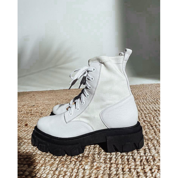 Damskie Białe Botki platforma 4cm skóra natura