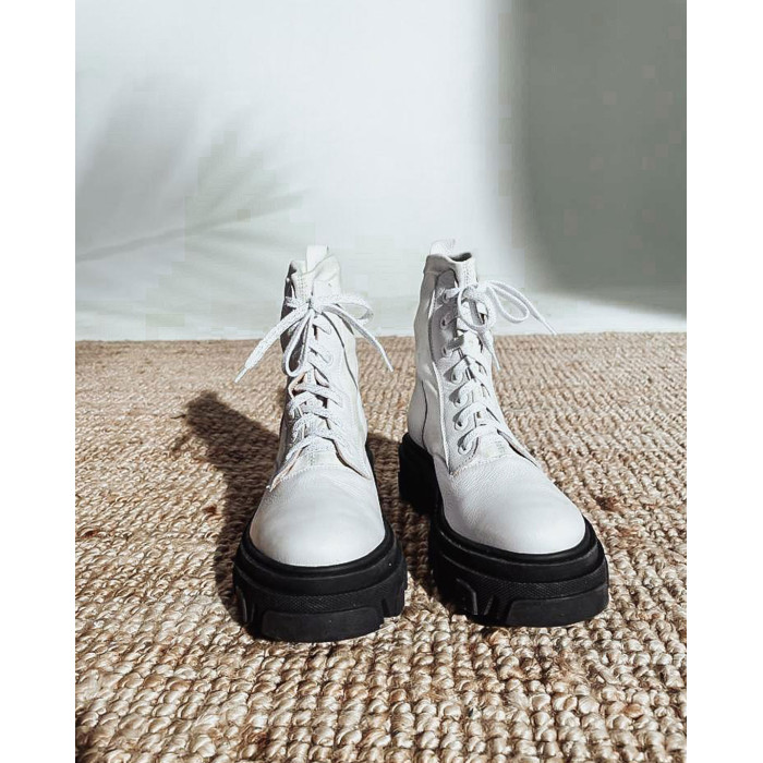 Damskie Białe Botki platforma 4cm skóra natura