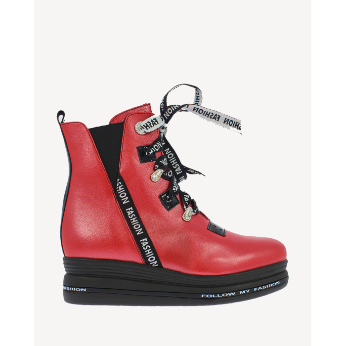 Czerwone Botki ocieplane platforma 4 cm skórz