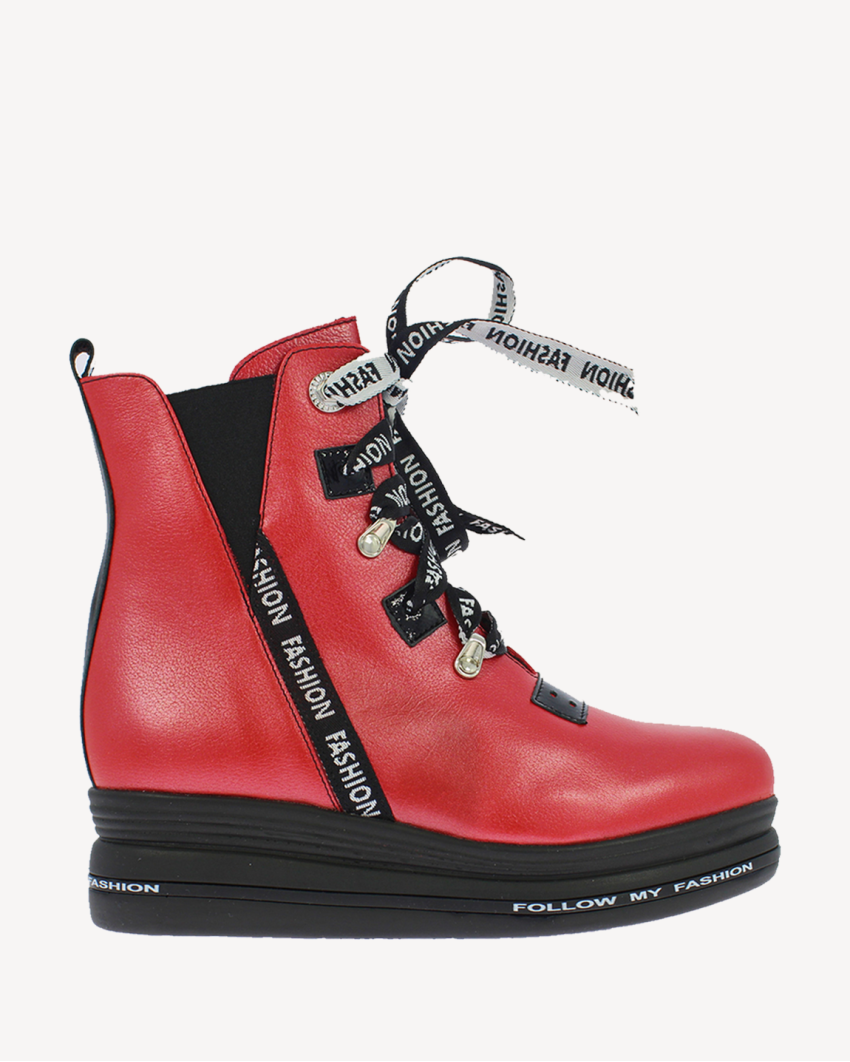 Czerwone Botki ocieplane platforma 4 cm skórz