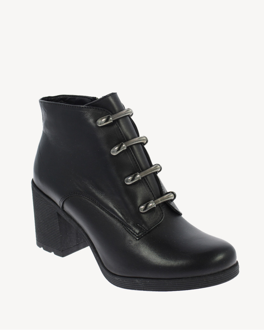 Czarne Botki ocieplane obcas 7 cm skórzane