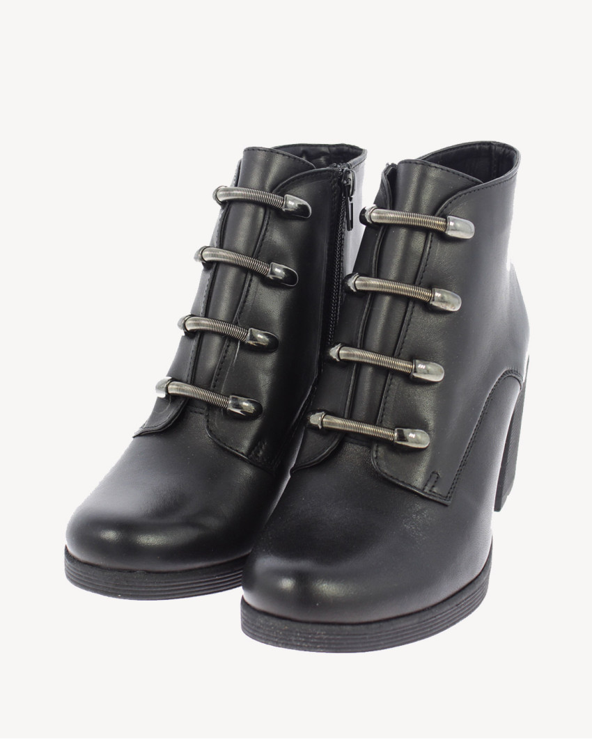 Czarne Botki ocieplane obcas 7 cm skórzane