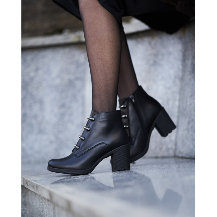 Czarne Botki ocieplane obcas 7 cm skórzane