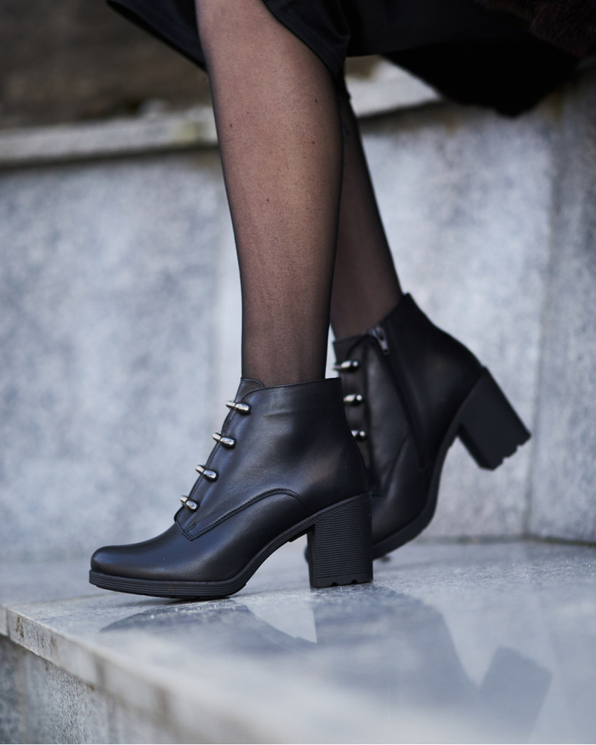 Czarne Botki ocieplane obcas 7 cm skórzane