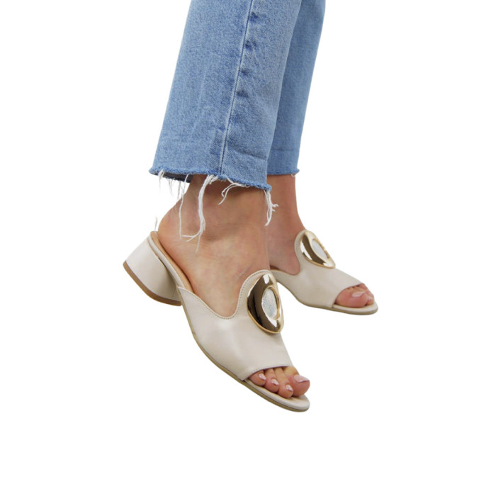 Damskie Beżowe Klapki na obcasie 4,5 cm skóra