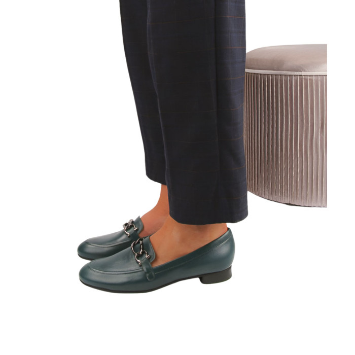 Green moccasins grain leather