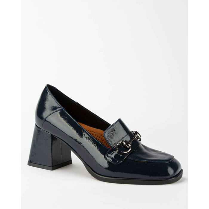 Navy blue leather pumps with 7cm block heel