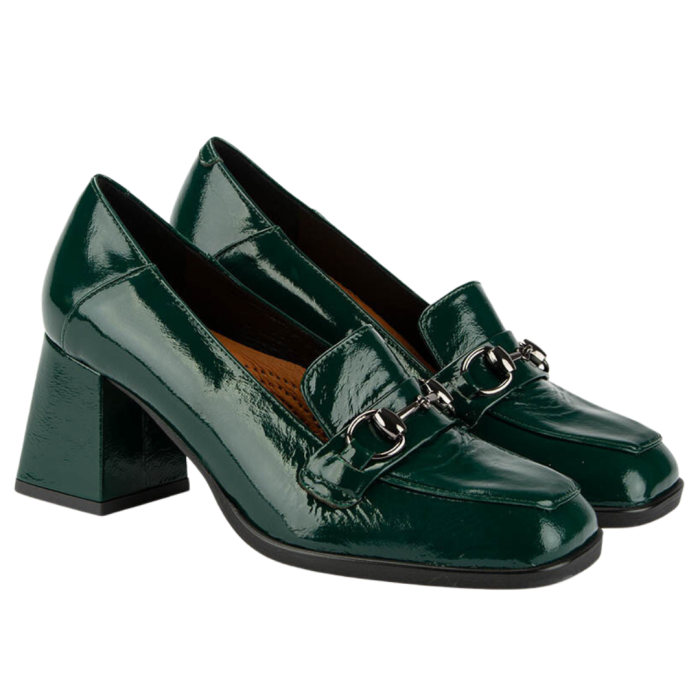 Zielone czółenka skórzane na 7cm klocku