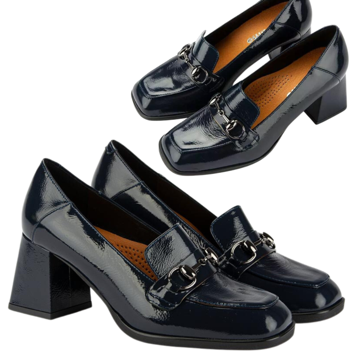 Navy blue leather pumps with 7cm block heel