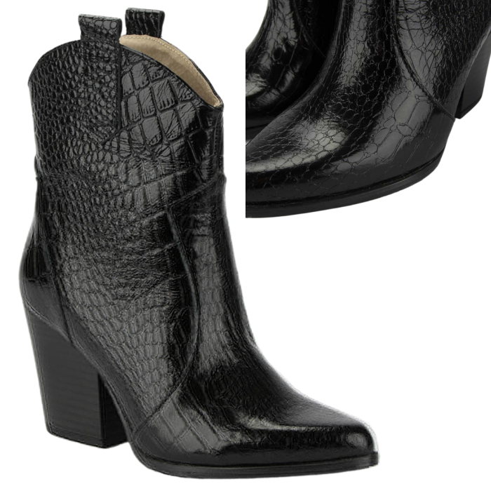 Black croco cowboy boots with thick heel