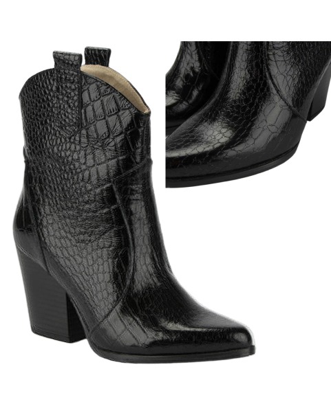 Black croco cowboy boots with thick heel