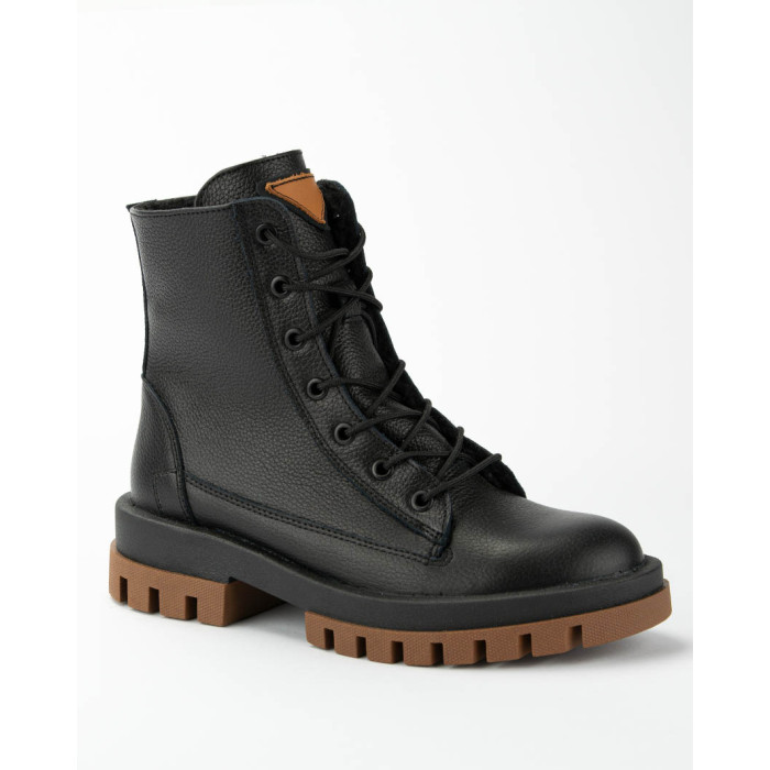 Black insulated leather boots on a platform