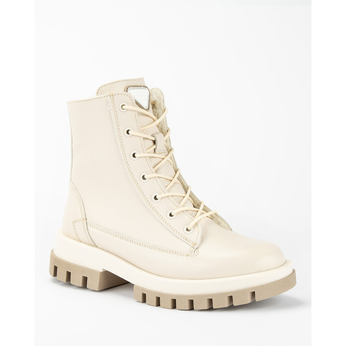 Beige, insulated leather boots on a platform