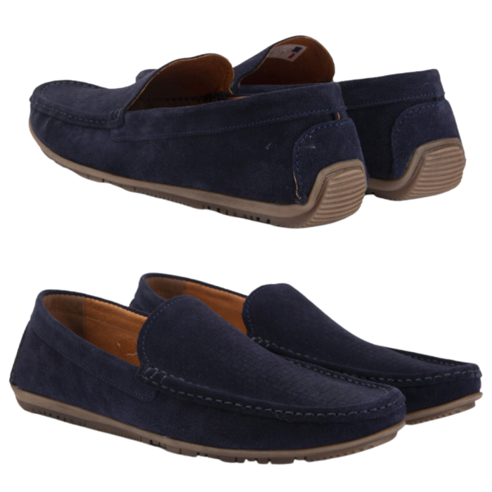 Navy blue moccasins for men velour leather