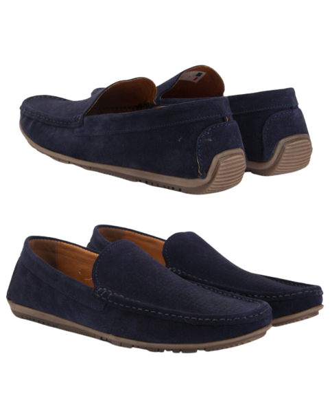 Navy blue moccasins for men velour leather