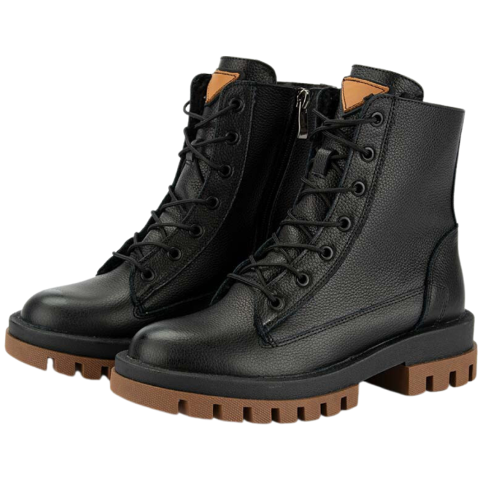 Black insulated leather boots on a platform