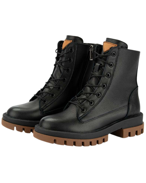 Black insulated leather boots on a platform