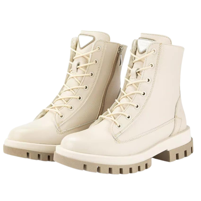 Beige, insulated leather boots on a platform