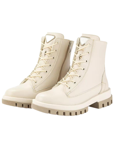 Beige, insulated leather boots on a platform