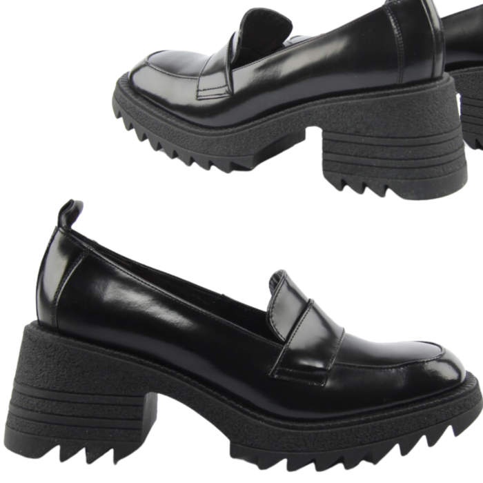 Czarne mokasyny na obcasie lakierowane