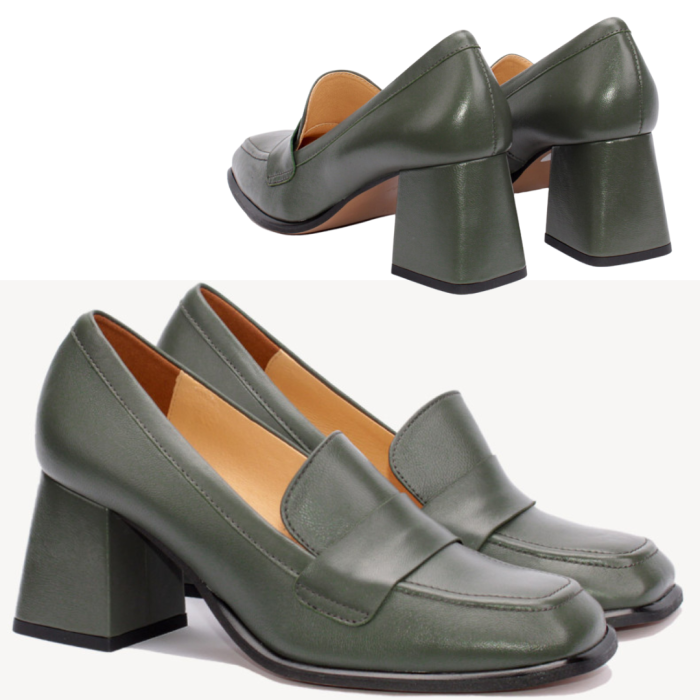 Green leather pumps with 6cm block heel