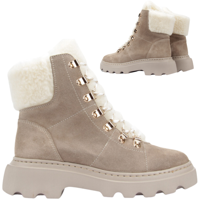 Beżowe botki ocieplane skóra welur