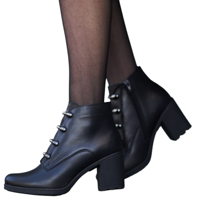 Czarne Botki ocieplane obcas 7 cm skórzane