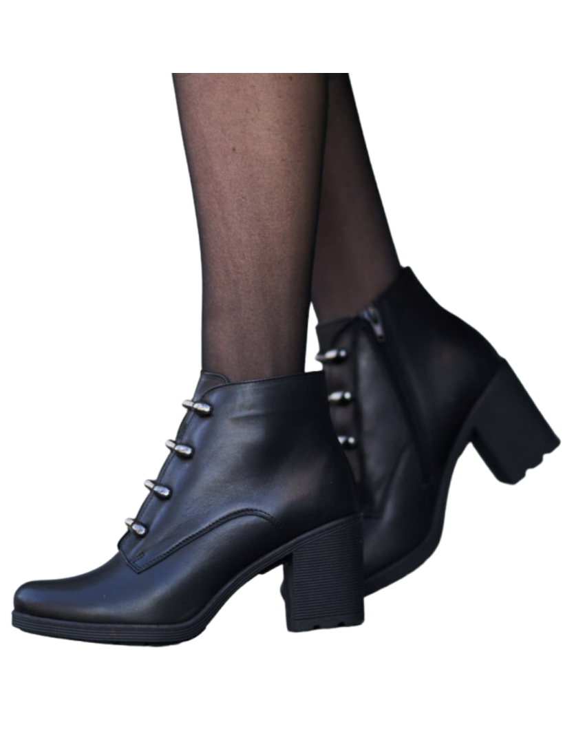 Czarne Botki ocieplane obcas 7 cm skórzane