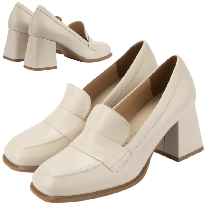 Beige leather pumps with 6cm block heel