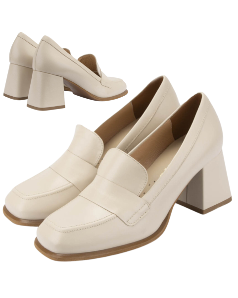 Beige leather pumps with 6cm block heel