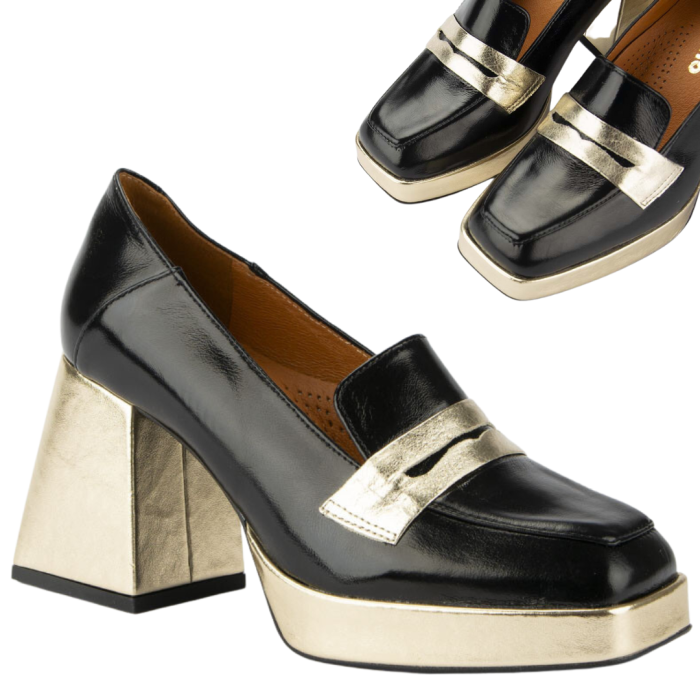 Czarne czółenka skórzane na 8cm klocku