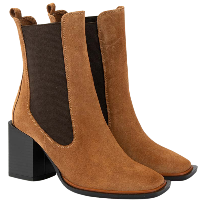 Brązowe botki na obcasie ze skóry nubukowej BOTIMO