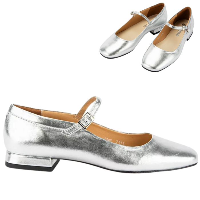 Silver leather ballerinas with buckle closure